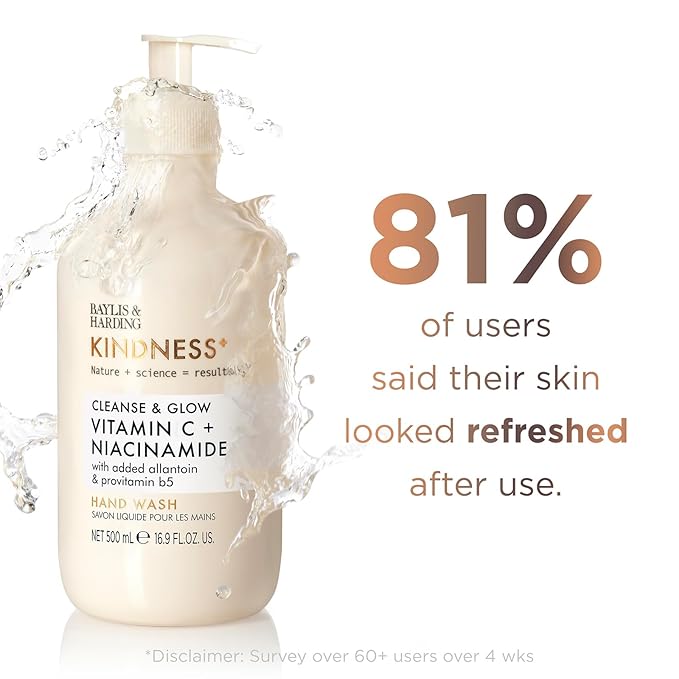 Baylis & Harding Kindness + Vitamin C & Niacinamide, Orange & Mango Fragrance, 16.9 fl. oz Cleanse & Glow Hand Soap (Pack of 3) - Biodegradable Formula - Vegan Friendly
