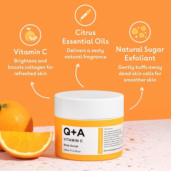 Q+A Vitamin C Body Scrub (200ml), Exfoliating Body Scrub, Brightening and Hydrating Sugar Scrub with Citrus Essential Oils, Vitamin C and Evening Primrose Oil