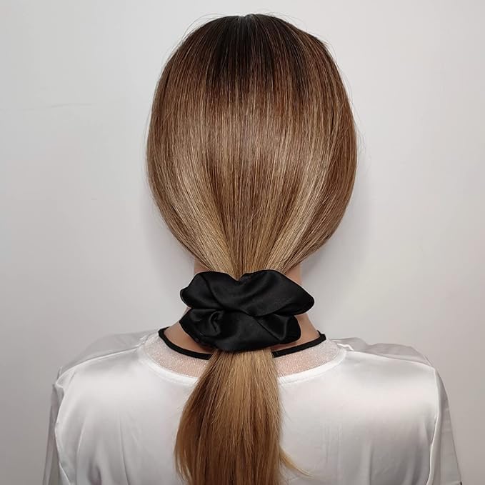 12 Pcs Satin Silk Scrunchies Soft Hair Ties Fashion Bands Bows Ropes Elastic Ponytail Holders Accessories for Women and Girls (4.3 Inch, Black)