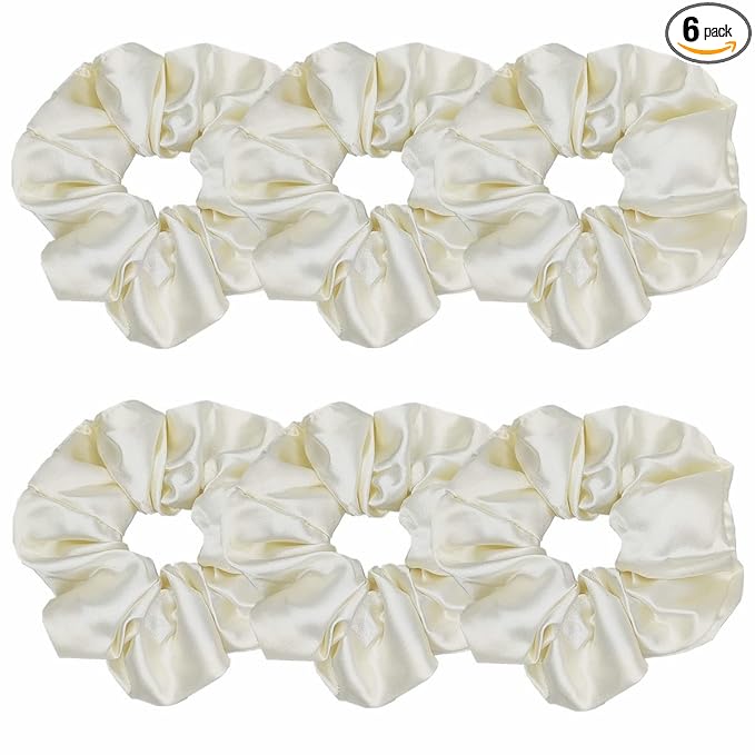Satin Silk Scrunchies and Hair Ties - 6 Pcs Hair Accessories with Soft Fashion Ponytail Holders, Hair Bands, and Bows for Women and Girls (4.3 inch, Beige)
