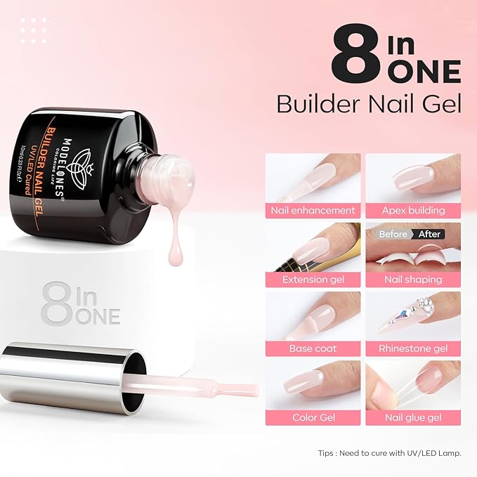 modelones Base Coat Builder Nail Gel, 2 Pcs Cover Nude and Rose Pink Gel Builder for Thickening Apex Building 8-in-One Rubber Color Base Polish Extension LED Lamp Cured 10 ml DIY Home Salon