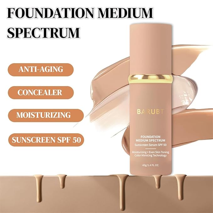 4-in-1 Color Changing Foundation, Medium Spectrum, Full Coverage Self-Adjusting Makeup for Mature Skin, Waterproof Liquid Concealer with Hyaluronic Acid for Daily Touch-Ups Travel 40ML*2 2PCS