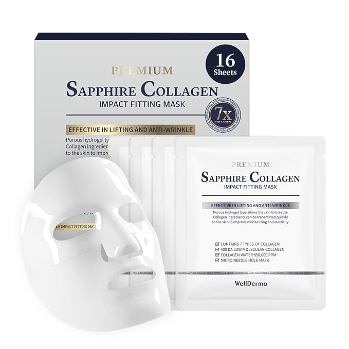 WELLDERMA Sapphire Collagen Impact Hydrogel Fitting Mask, 25g x 16 Sheets – Hydrating & Firming Micro-Hole Sheet Mask with Collagen Water 850,294ppm, Niacinamide & Peptides