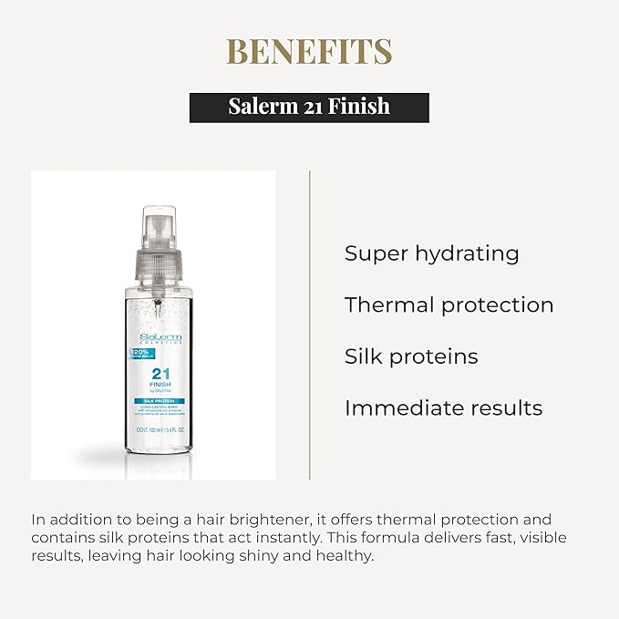 SALERM - Illuminating Hair Spray - Salerm 21 Finish - 100 ml - with Silk Proteins - Final Illuminating Touch - Hydrates and Adds Shine to Hair - Immediate Result - Heat Protector