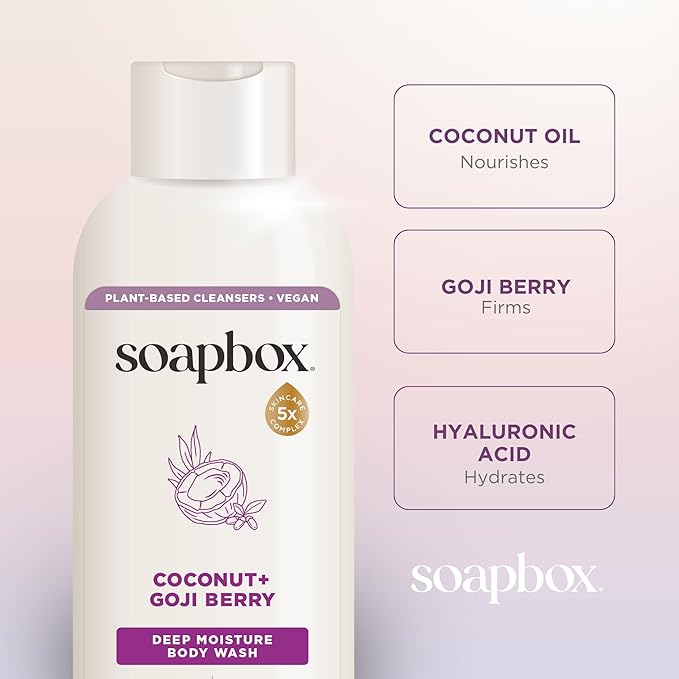 Soapbox Moisturizing Body Wash, Coconut & Goji Berry Shower Gel - Hydrating Natural Body Wash with Shea Butter - Clean Ingredients Free of Harsh Chemicals, Sulfates, Parabens & Silicones - 2 Pack