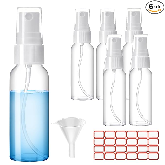 Zoizocp Spray Bottles, 2.7oz/80ml Clear Empty Fine Mist Plastic Mini Travel Bottle Set, Small Refillable Liquid Containers with 2pcs Funnels and 24pcs Labels (6 Pack)