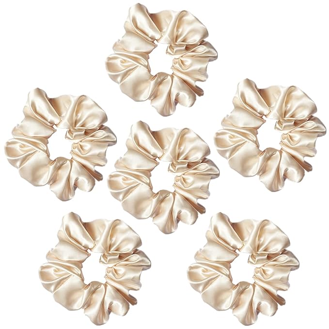 6 Pcs Satin Silk Scrunchies, Soft Hair Ties, Fashion Hair Bands, Bow Ropes, Elastic Ponytail Holders for Women and Girls (4.5 Inch, Beige)
