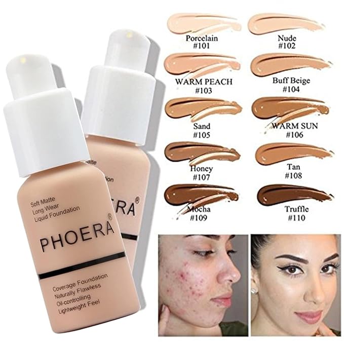 Hilareco PHOER Foundation, 2pcs- 101- Porcelain, Full Coverage Concealer, Matte Liquid Foundation, Oil-Control, Whitening, Refreshing Moisturizing, Cruelty-Free, Vegan, 30ml