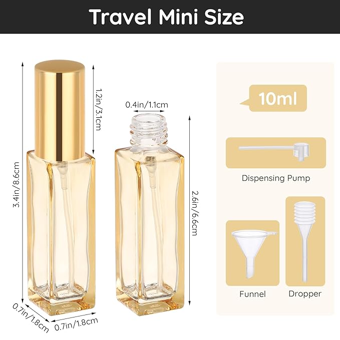 Segbeauty 0.34oz Empty Travel Perfume Bottle, 10pcs Glass Portable Perfume Atomizer Refillable, 10ml Mini Cologne Spray Bottles, Small Travel Sample Cologne Bottles with Clear Transfer Tool Set