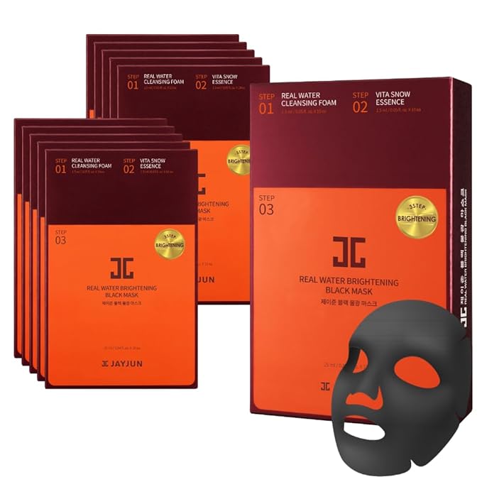 JAYJUN Real Water Brightening Black Mask, Pack of 10 Sheets, 25ml, 0.84 fl. oz., Brightening, Hydrating, Sheet Mask, 3 Step