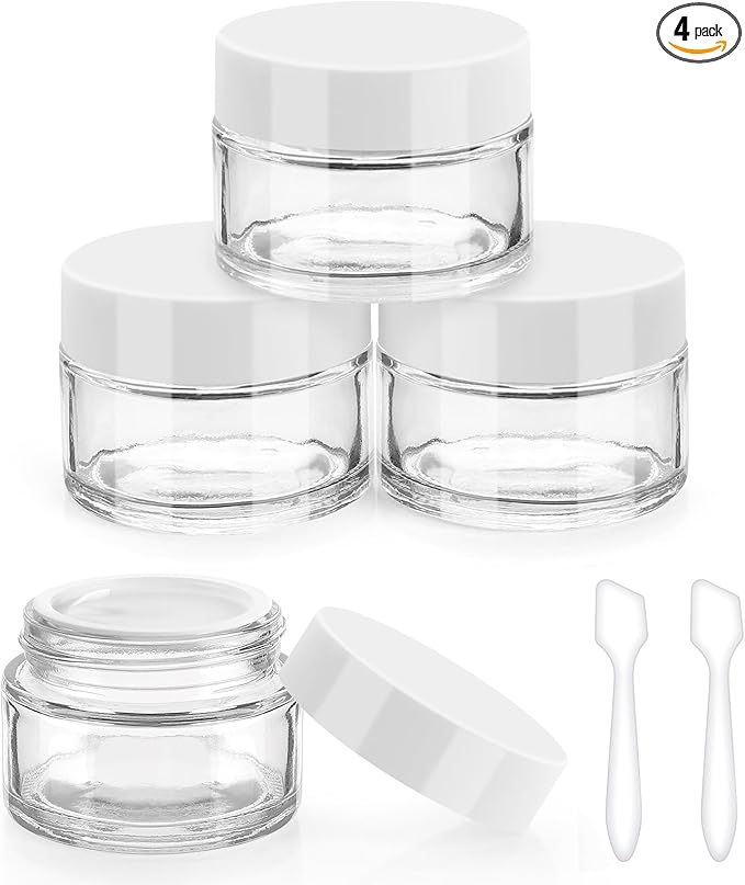 Accmor 4 Pcs Glass Cosmetic Jars with White Lids, 1 OZ Travel Container Round Glass Jars with Inner Liners & 2 Pcs Spatulas, Makeup Sample Container Storage for DIY Making Lotions, Cream, Ointments