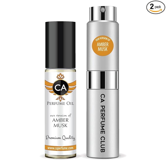 CA Perfume Duo Impression of Amber Musk For Women And Men Perfume Layering Set Long Lasting Travel Size EDP + Body Oil Roll-On Bottle 0.27 Fl Oz+0.33 Fl Oz
