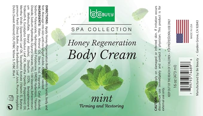 BeBeauty Mint Honey Regeneration Body Cream Hydrating & Nourishing Body Lotion for Smooth, Soft, Revitalized Skin 16 oz