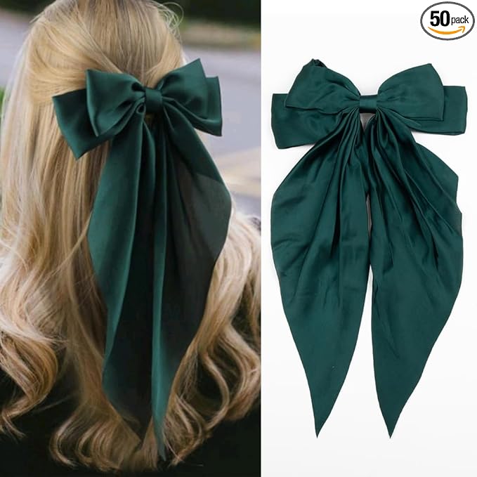 Silky Satin Oversized Long-tail Bow Clip, Large green Hair Bow for Women Girl, Hair Accessories with Long Tail, 1Pcs