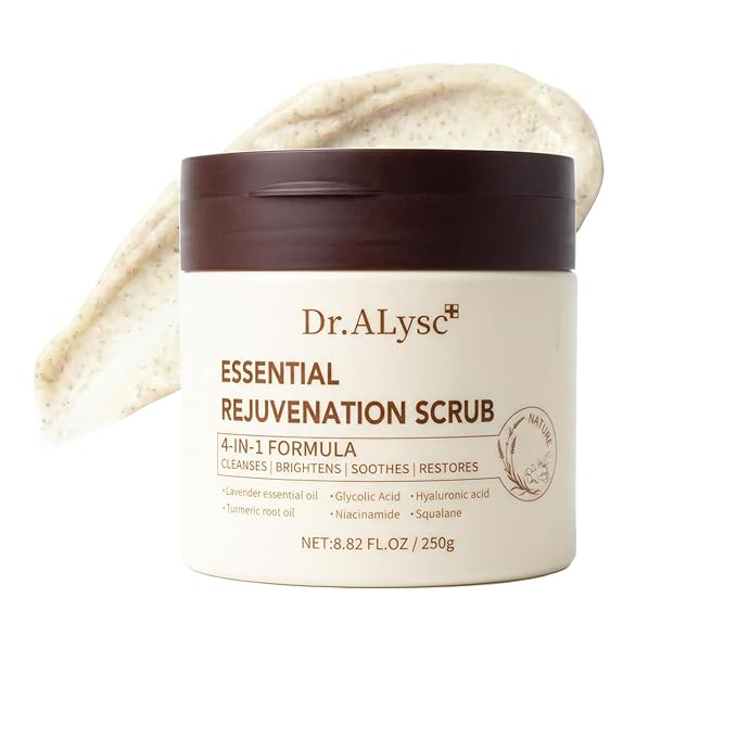 Essence Revitalizing Scrub with Turmeric Glycolic Acid Niacinamide Treatment for Sensitive Skin Gentle, Creamy Lavender Scrub, Cleanses, Soothes, Repair Face & Body 4-in-1, 8.8oz