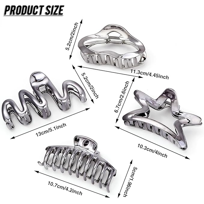 LONEEDY 10 Pack 5.1Inch Extra Large Hair Clips for Women Thick Hair and Long Hair, Silver Multi-Styles Big Claw Clips, Strong Hold Jaw Clips (Silver Black, Large)