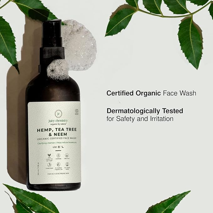Juicy Chemistry Hemp, Tea Tree & Neem Face Cleanser, Face Wash For Acne & Blackheads, Certified Organic, Vegan, Cruelty Free, Face Wash For Women & Men (100 Milliliters Clear)