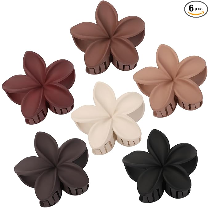 CHANDAT Flower Hair Clips 6 PCS Hawaiian Claw Clips for Vacation Hibiscus Hair Claw Cute Large Hair Clips for Thick and Thin Hair Plumeria Hair Accessories for Women Girls -Brown Scarlet