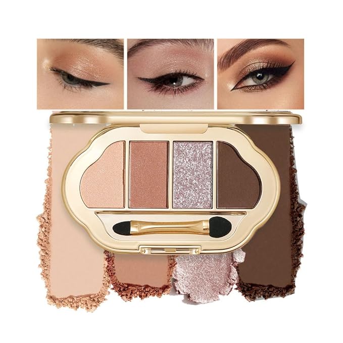 4 Colors Neutral Nude Eyeshadow Palette, Matte & Shimmer + Glitter Shades, Peach Bronze Cocoa Warm Tones, Blendable Long-Lasting Eye Shadow for Mature Women, Blue & Green Eyes, Natural Daily Makeup