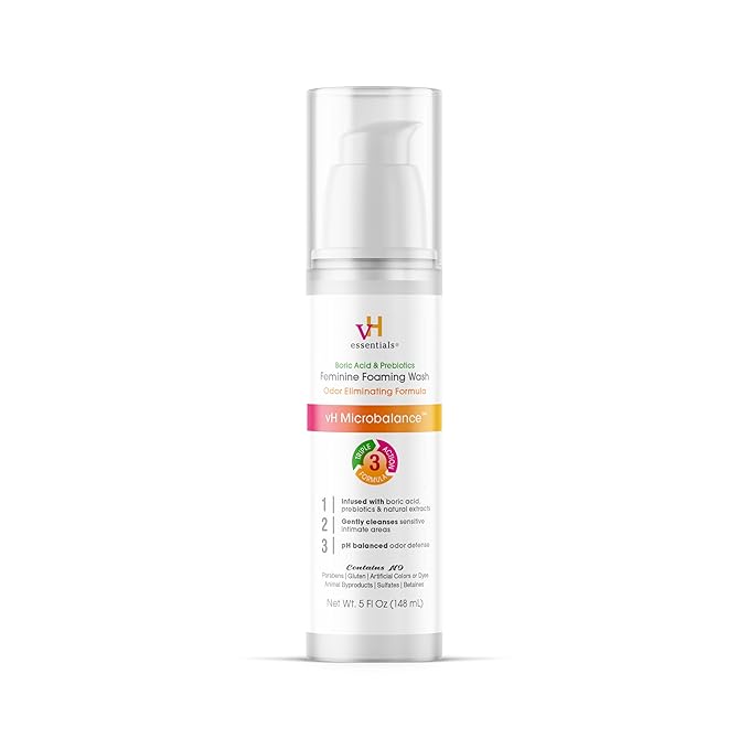 vH Essentials Feminine Foaming Wash with Boric Acid and Prebiotics, Odor Eliminating pH-Balanced Daily Cleanser with Lavender and Chamomile, 5 fl oz