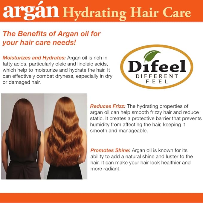 Difeel Argan Hydrating Shampoo 33.8 oz. - Natural Sulfate Free Argan Oil Shampoo for Hair