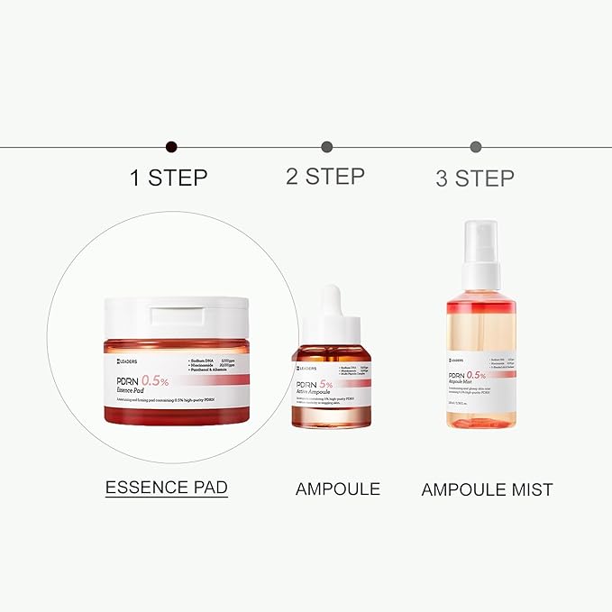 LEADERS PDRN 0.5% Essence Pad – Firming & Moisturizing Face Pads for Sensitive Skin – Anti-Aging, Help Skin Elasticity, Hydrating & Soothing Daily Skincare with Skin Barrier Support 135 ml - 70 Pads