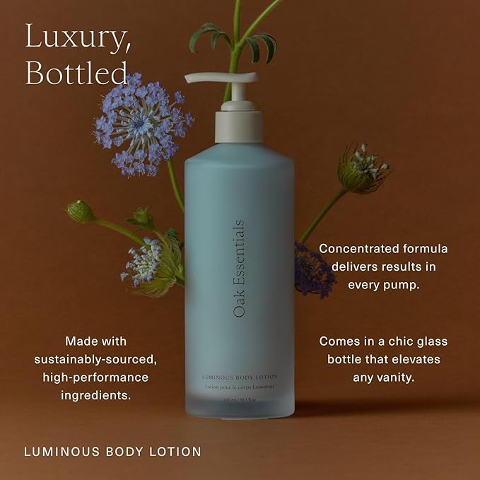Oak Essentials Luminous Body Lotion, Travel Body Lotion for Women with Blue Tansy, Rose Oil, Shea Butter and Coconut Oil, Lightweight Moisturizer for Dry and Sensitive Skin, 1.33 Fl Oz