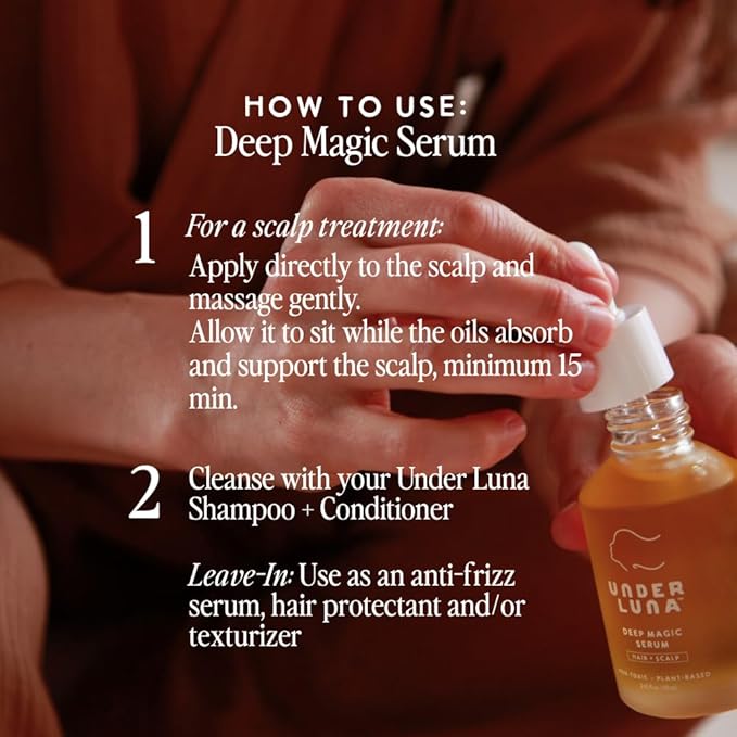 Under Luna Deep Magic Hair + Scalp Serum | Leave-In Hair Protectant & Dry Scalp Treatment | Smooths Frizz, Supports Scalp Comfort | Silicone-Free, Vegan, Plant-Based | 2.45 fl oz