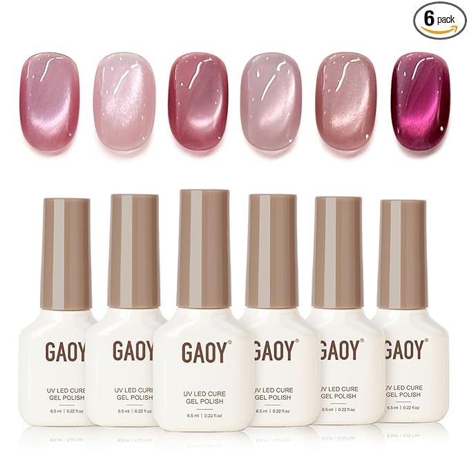 GAOY Pink Cat Eye Gel Nail Polish Set with Magnet 6 Colors, Holography for Valentine's Date Night Nails, Sweet & Spicy DIY Manicure
