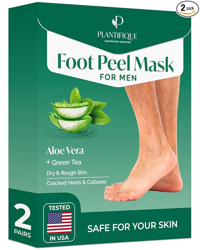 PLANTIFIQUE Foot Peeling Mask 2 Pack for Men | Dermatologically Tested Repairs Heels & Removes Dry Dead Skin for Baby Soft Feet | Exfoliating Foot Peel Mask for Dry Cracked Feet | Aloe Vera