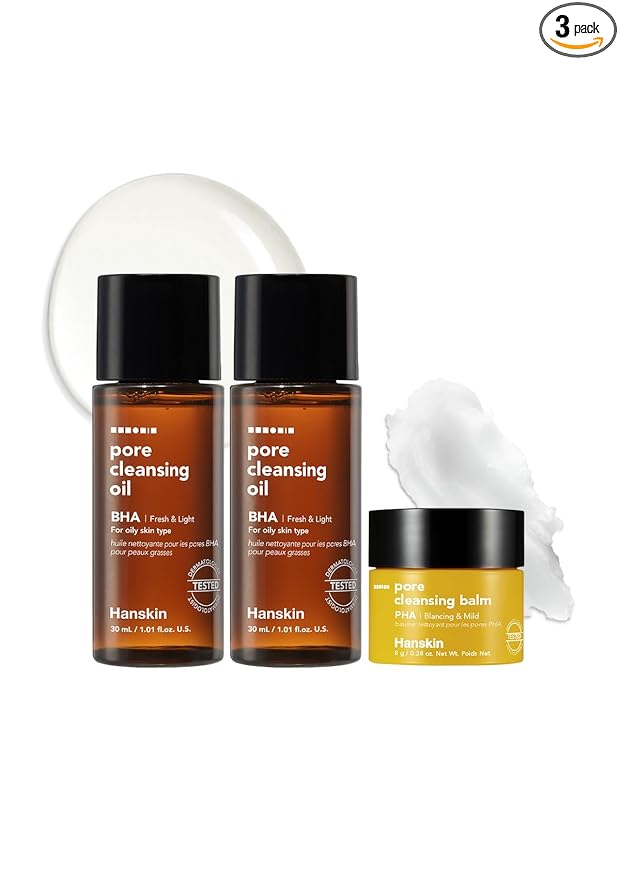 Hanskin BHA Pore Cleansing Oil and PHA Cleansing Balm, Sample Trial Size, Travel Size Mini Makeup Remover Set, Gentle Blackhead Cleanser for Combination and Oily Skin [30 ml/Pack of 2] + [8g/PHA Balm]