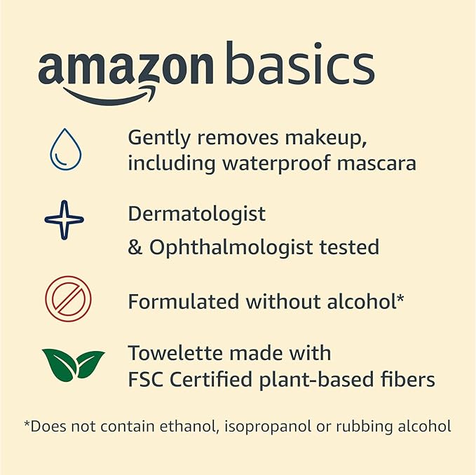 Amazon Basics Makeup Remover Wipes, Night Calming, Gentle Cleansing, Plant Based, Alcohol-Free, Removes Waterproof Mascara, Dermatologist Tested, 25 Count, 1-Pack