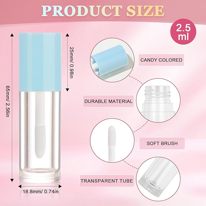 50pcs 2.5ml Empty Lip Gloss Containers Lip Gloss Tubes with Wand Cute 0.08oz Clear Refillable Lipgloss Making Supplies Kit for DIY Makeup + 2pcs Syringes (Blue)