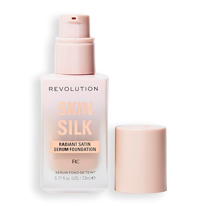 Revolution Skin Silk Radiant Satin Serum Foundation, Buildable Coverage with Hydrating Hyaluronic Acid for a Natural Finish, Vegan & Cruelty-Free, F4C Light Skin Tones, 0.77 fl oz