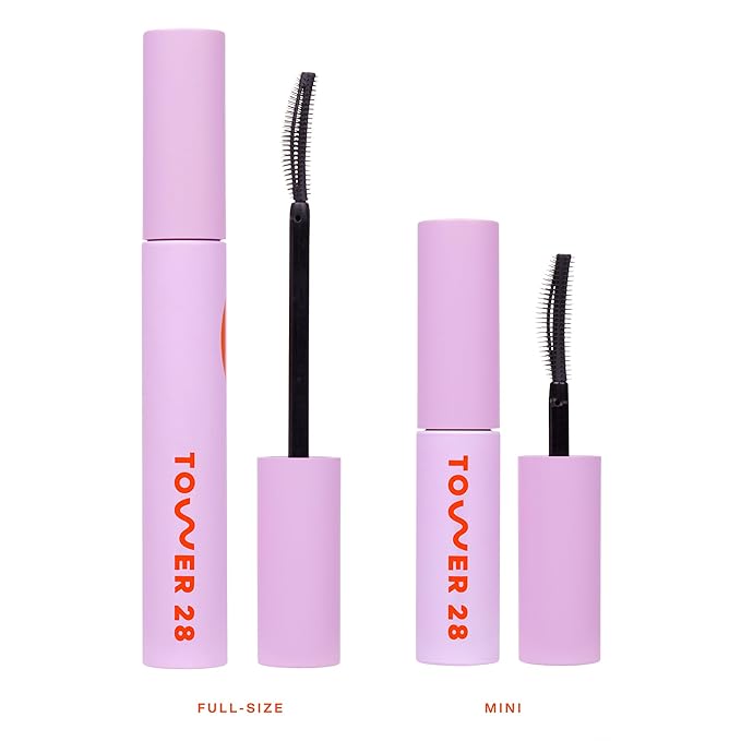 Tower 28 Mini MakeWaves Vegan Black Mascara - Volumizing & Lengthening Mascara for Sensitive Eyes - With Aquaflex Technology for Humidity-Proof Lift - Hypoallergenic Eye Makeup - Jet (0.18 oz)