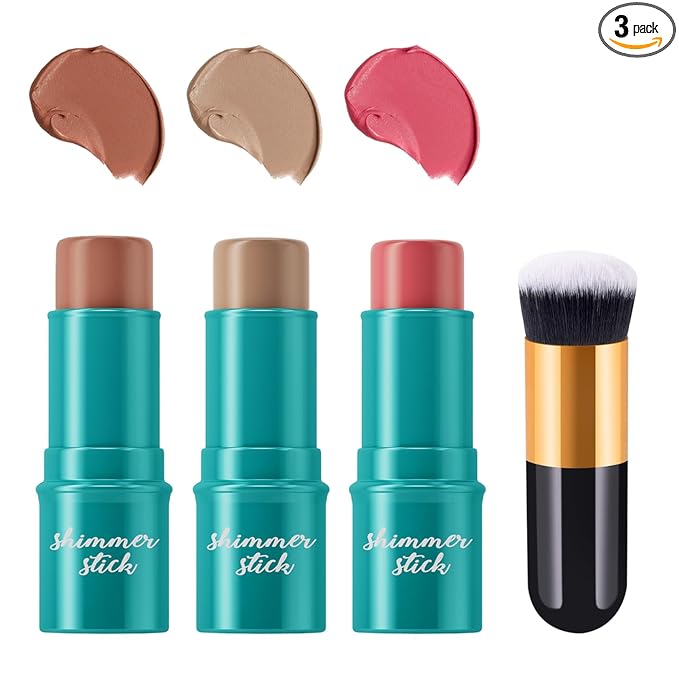 3Pcs Cream Contour Stick Makeup Kit with Makeup Brush,Shades with Highlighter,Brush Stick,Cream Bronzer for Sculpt the Cheeks,Long-lasting Waterproof Lightweight Contour Set B