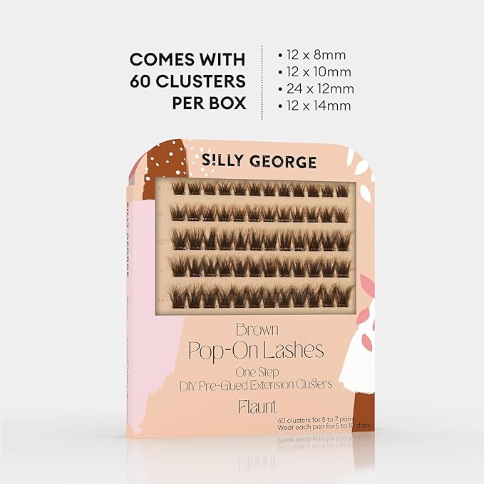 Silly George Pop-On Lashes - DIY 1-Step Pre-Glued Faux Eyelash Clusters, Natural Look Extensions, Light Brown - Flaunt, 5-7 Pair Set, Pack of 60 Clusters