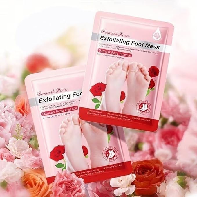 Damask Rose Foot Peel Mask (6 Pack), Exfoliating Foot Mask for Dry Cracked Feet, Dead Skin Callus Remover, Foot Exfoliator for Baby Soft Feet (Rose)