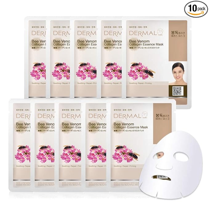 DERMAL Bee Venom Collagen Essence Korean Facial Mask Sheet Pack of 10 - Soothing and Hydrating Irritated Skin - Hypoallergenic Skin Friendly Sheet