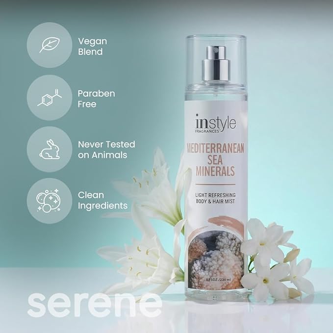 Instyle Fragrances, Body & Hair Mist, Sea Minerals Scent, With Panthenol, CLEAN, Vegan, Paraben Free, Phthalate Free, Premium 8 Fl Oz Spray Bottle