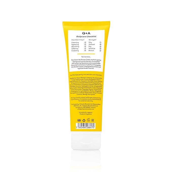 Q+A Ceramide Shower Cream, provides a gentle cleanse, deeply nourishing the skin with a rich and creamy formula of Squalane, Jojoba Seed Oil, and a sustainable Ceramide Extract from pineapples, 250ml