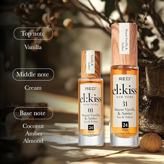 EL:KISS Hair Perfume & Body Mist, Warm Vanilla & Amber Eau de Toilette 30mL (1.01 Fl Oz), Hydrating & Long-Lasting, Alcohol-Free & Mineral Oil-Free, Infused with Jojoba, Argan Oil & Aloe Vera
