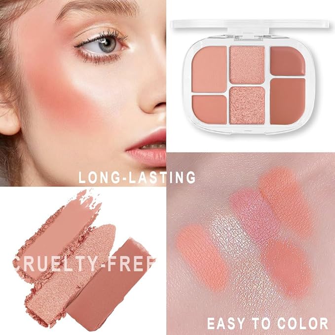 6-in-1 Cream & Powder Blush Highlighter & Eyeshadow Makeup Palette, Neutral Nude Orange Matte & Shimmer Makeup Palette, Comprehensive Face Makeup Plate for Women Daily,Vegan and cruelty-free 01