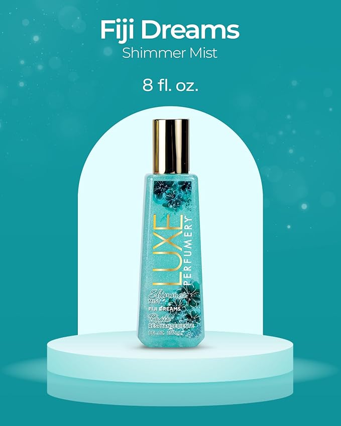 Luxe Perfumery Fiji Dreams Shimmer Body Mist – Body Glitter Spray with Coconut, Lily of the Valley & Vanilla Orchid Notes, Radiant Glow Shimmer Spray for Women, Gift for Her, Made in USA, 8 fl oz