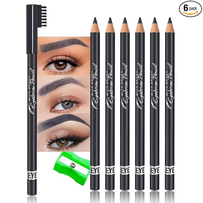 WanTuoluo Eyebrow Pencils for Women with Sharpener, 6Pcs Hard-Core Wooden Eye Brow Eye Liner Pencils for Beginner Makeup, Waterproof & Sweat-Proof (6Pcs-Gray)