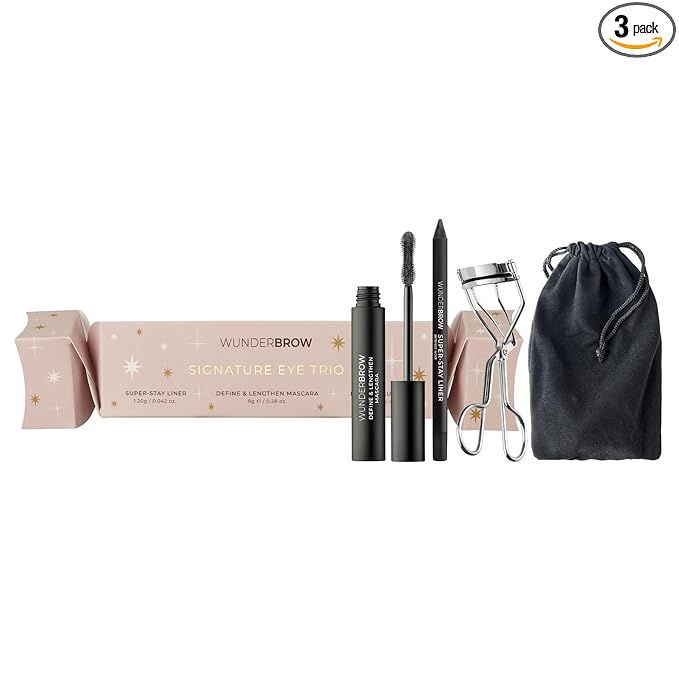 Wunderbrow Signature Eye Trio Festive Cracker, Holiday Gift Set, Includes Mascara, Black Eyeliner and an Eyelash Curler