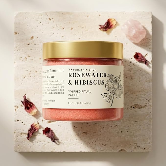 Nature Skin Shop Rosewater & Hibiscus Whipped Ritual Polish – Brightening & Hydrating Exfoliating Body Scrub, 8oz