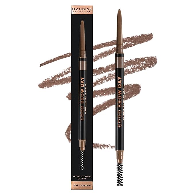Profusion Cosmetics Dual-Ended Ultra-Fine Eyebrow Pencil -Good Brow Day Long-Wearing Brow Definer with Spoolie Brush for Blonde, Brown & Black Hair, Instant Brow Fixing Beauty Tool, Soft Brown