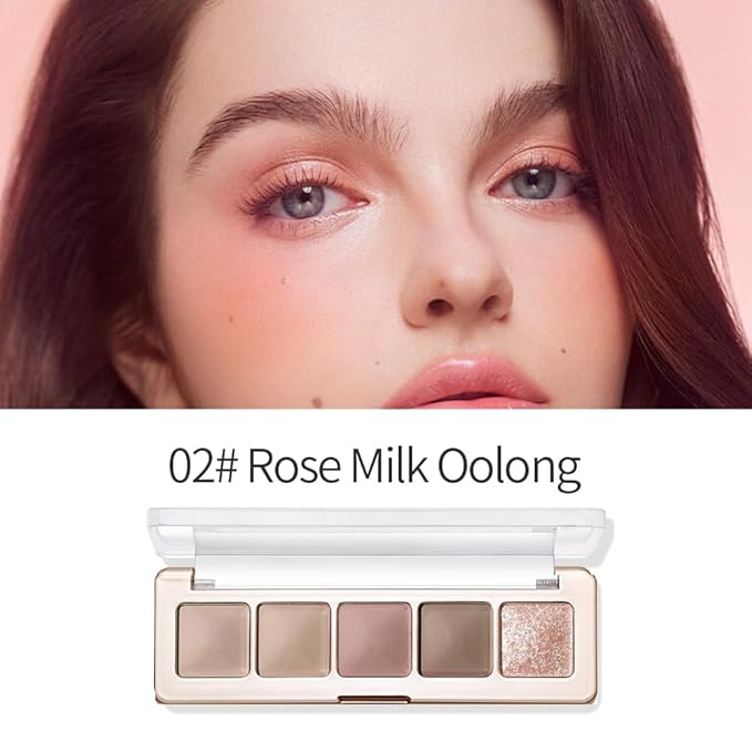 5-Color Neutral Nude Matte & Shimmer Eyeshadow Palette, Rose Cocoa Brown Pink Cool-Tone Mattes & Glitter Eye Shadow Contour Palette for Mature Women, Blue Green Eyes, Daily Natural Makeup
