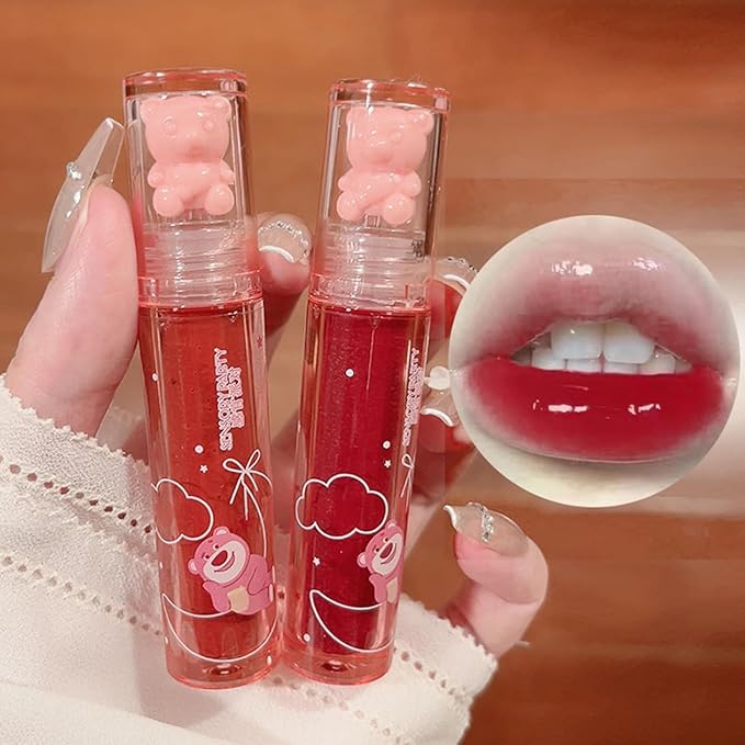 Yasovigi 6pcs Jelly Lip Gloss Bear Lip Stain Moisturizing Watery Lipstick Waterproof Long Lasting Cheek Cosmetics Beauty Lip Tint Makeup